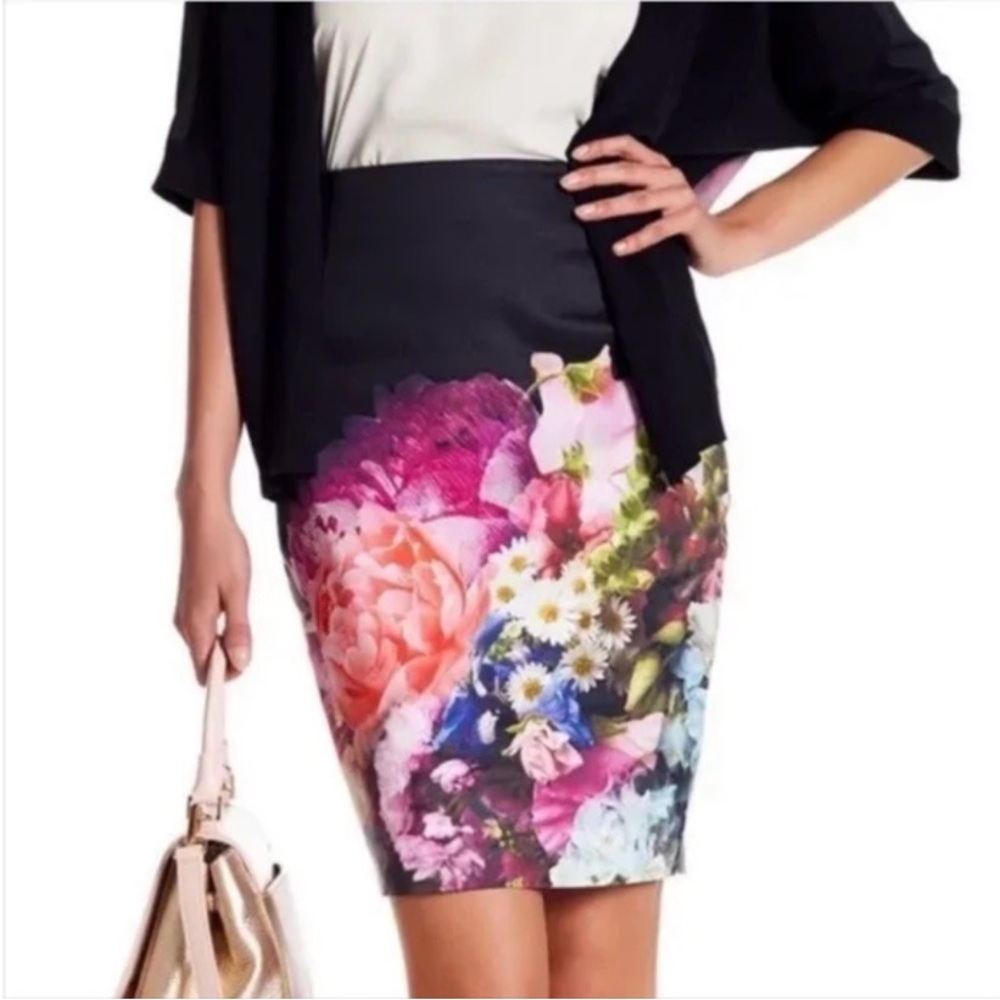 Ted Baker Black Pencil Skirt with Multicolor Floral Print